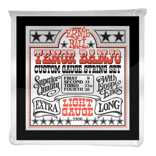 Ernie Ball tenor banjo string set packaging on a black background