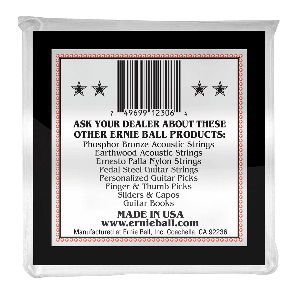 Ernie Ball product label with a barcode and text on a black background
