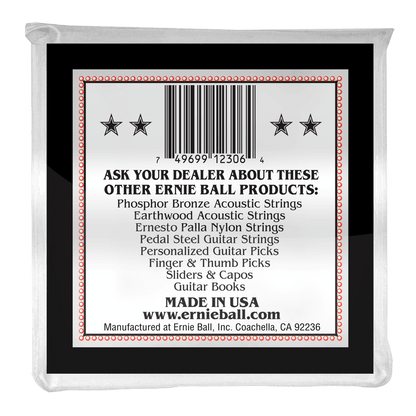 Ernie Ball product label with a barcode and text on a black background