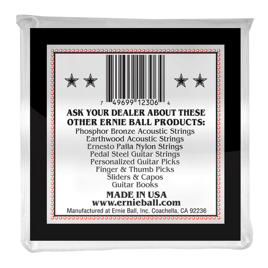 Ernie Ball product label with a barcode and text on a black background