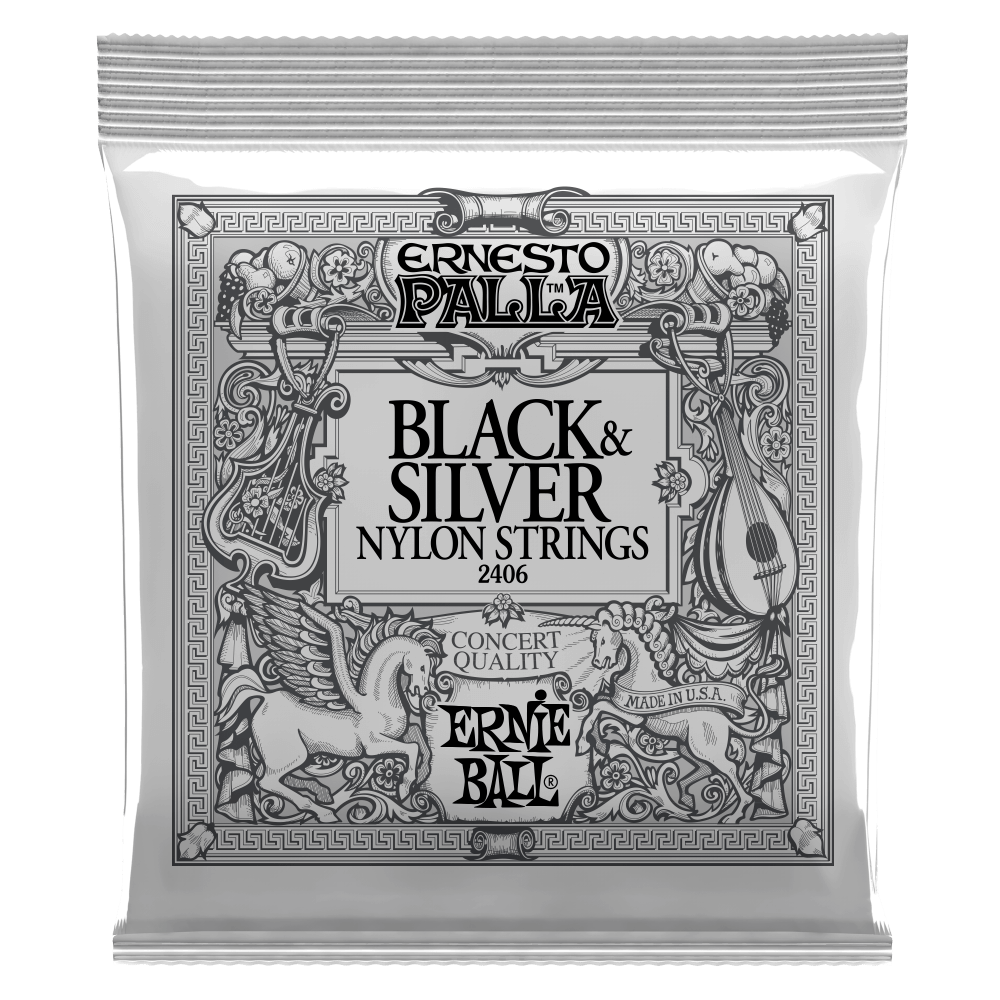 Ernesto Palla black and silver nylon strings packaging on a white background