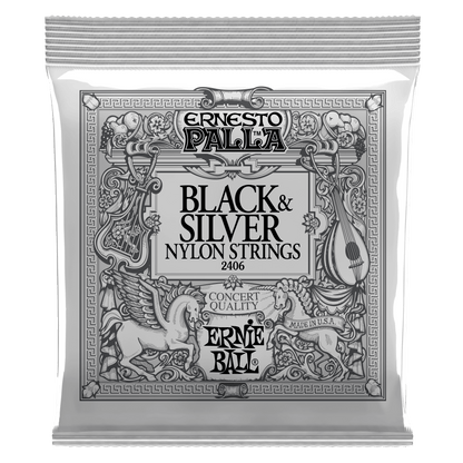Ernesto Palla black and silver nylon strings packaging on a white background