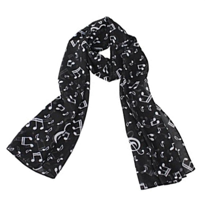 Black scarf with white musical note pattern on a white background