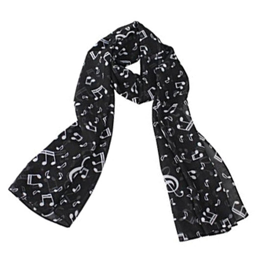 Black scarf with white musical note pattern on a white background