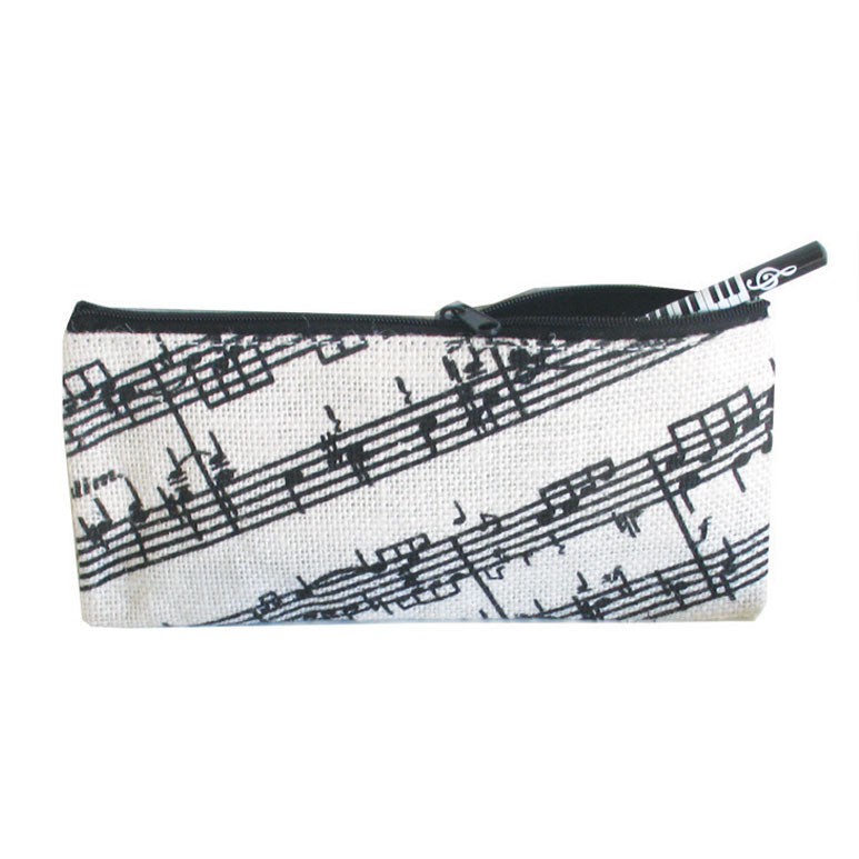 Pencil case with music sheet design on a white background