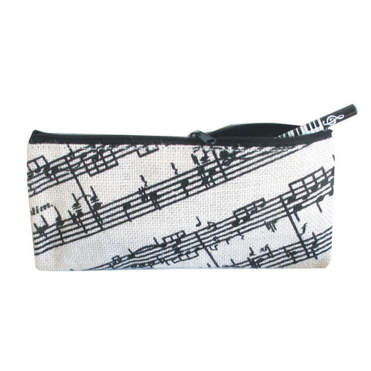 Pencil case with music sheet design on a white background