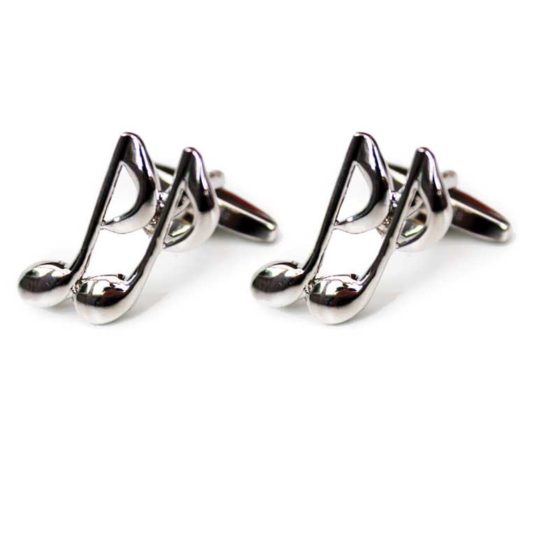 Silver music note cufflinks on a white background