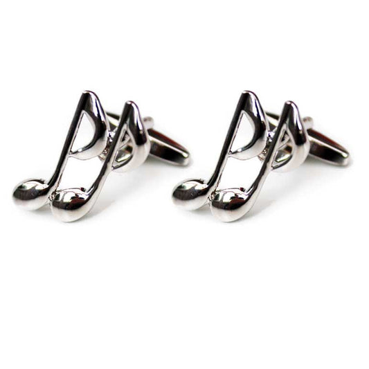 Silver music note cufflinks on a white background
