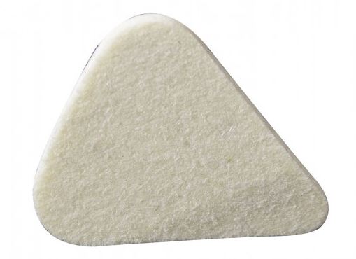 Triangular felt plectrum on a white background