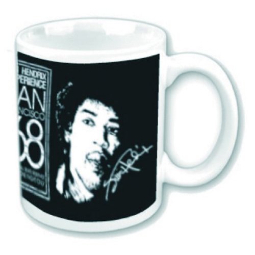White mug with a black graphic of a Hendrix's face and text on a white background