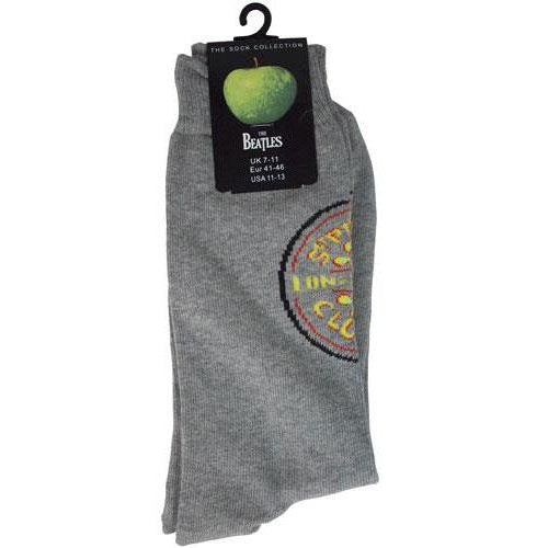 Gray socks with a circular logo and 'Long Live The Rock' text, featuring a tag with 'The Beatles' branding on a white background.