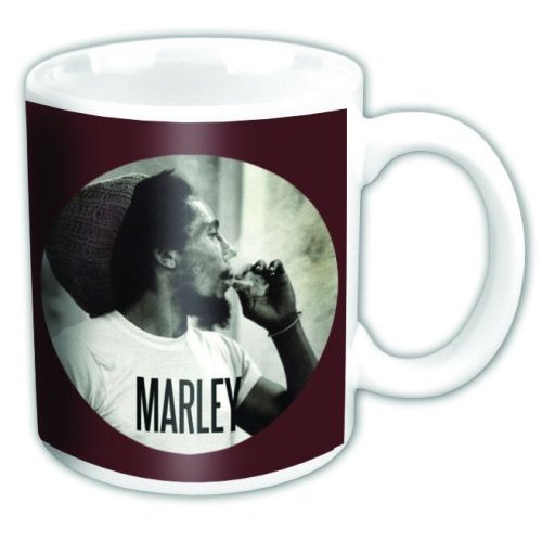 White mug with a black and white photo of a person and 'Marley' text on a maroon background