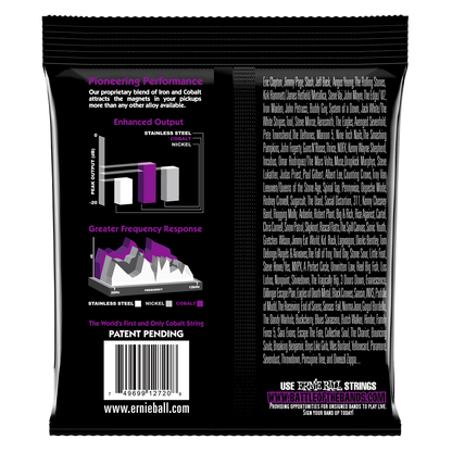 Ernie Ball guitar string packaging with technical specifications and branding on a black background
