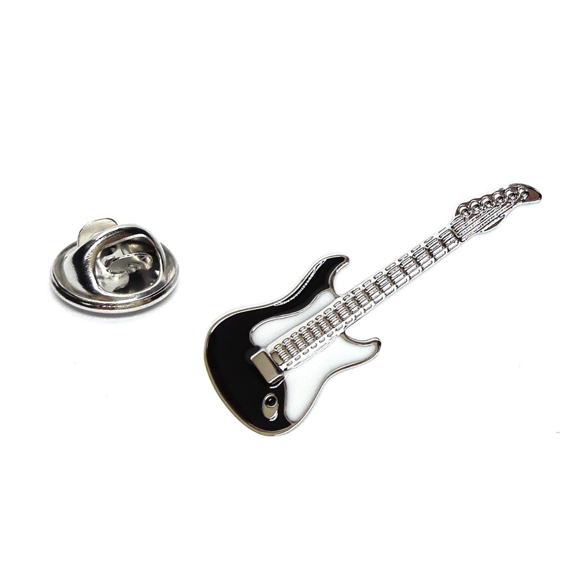 Guitar-shaped lapel pin on a white background