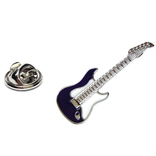 Metallic guitar-shaped lapel pin on a white background