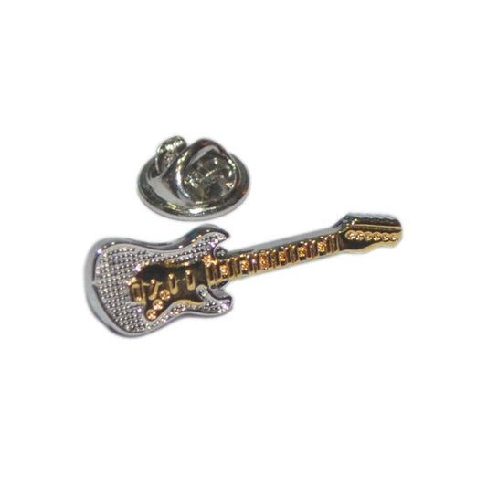 Metallic guitar-shaped lapel pin on a white background