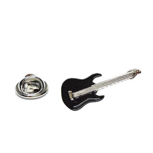 Black electric guitar-shaped lapel pin on a white background