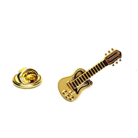 Gold-colored guitar-shaped lapel pin on a white background