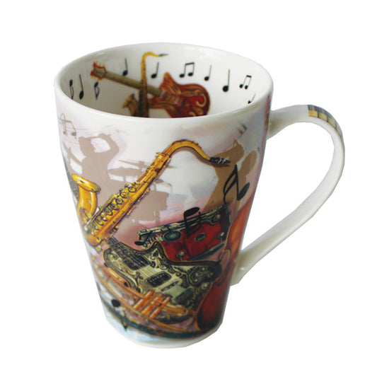 Mug with musical instrument design on a white background
