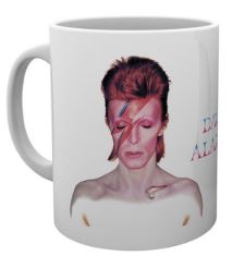 Mug with a graphic design of a David Bowie with a face paint on a white background