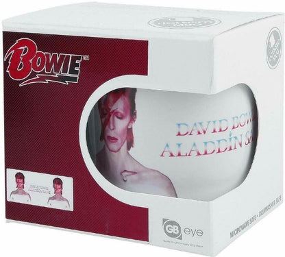 Product packaging featuring a portrait of David Bowie  and 'Aladdin Sane' text, branded with 'Bowie' and 'GB Eye'.