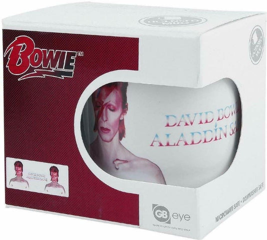 Product packaging featuring a portrait of David Bowie  and 'Aladdin Sane' text, branded with 'Bowie' and 'GB Eye'.