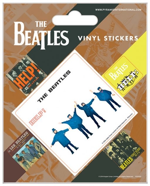 Packaging of The Beatles vinyl stickers with images and text on a patterned background.