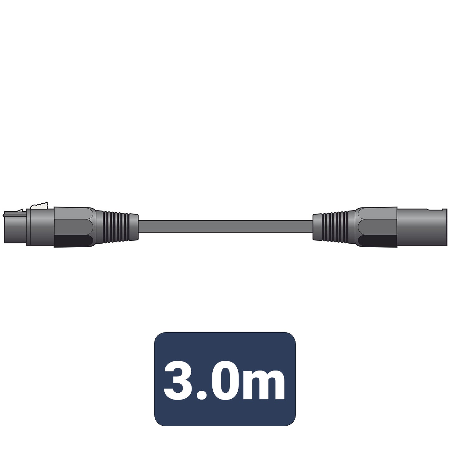 Black cable with connectors and a '3.0m' label on a white background