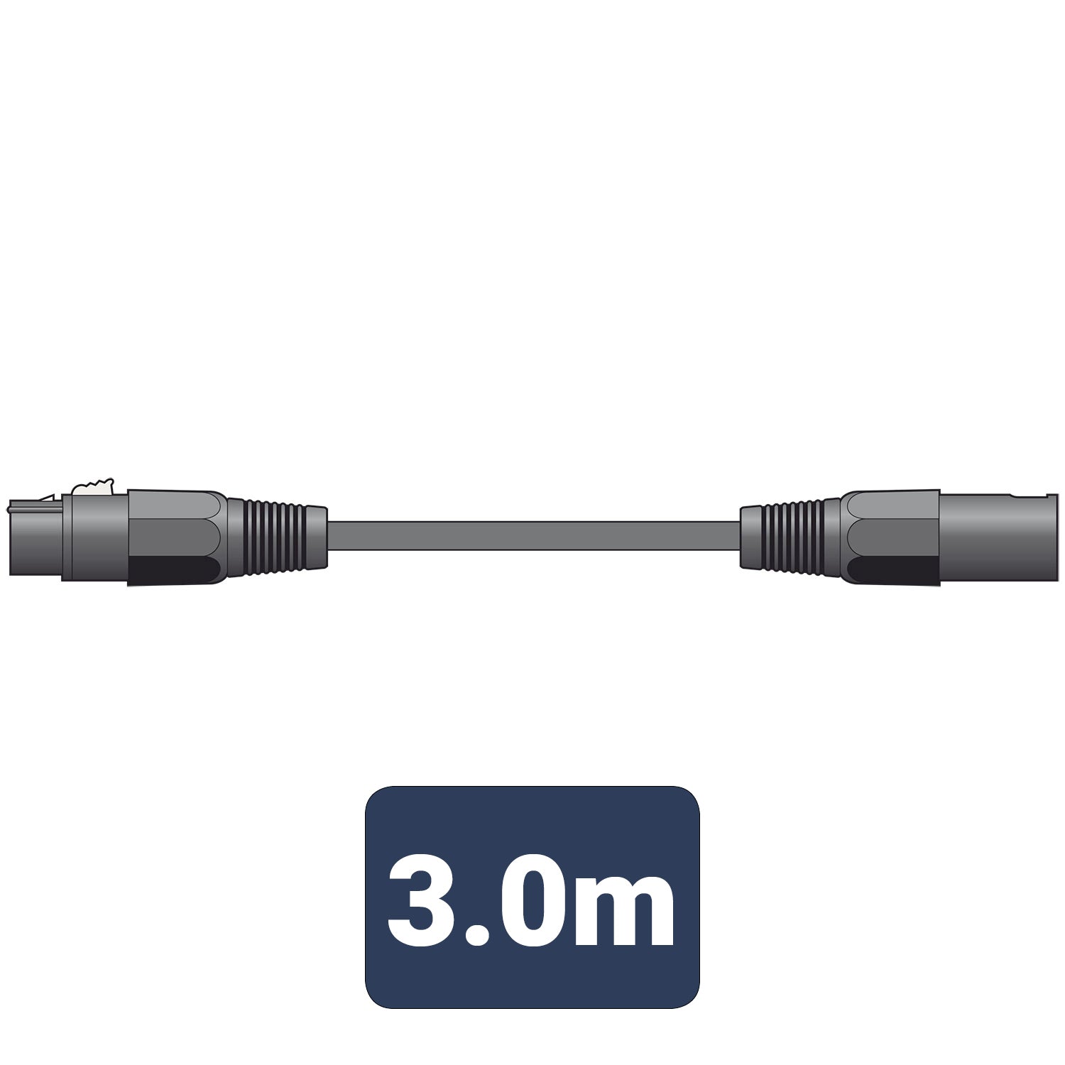 Black cable with connectors and a '3.0m' label on a white background