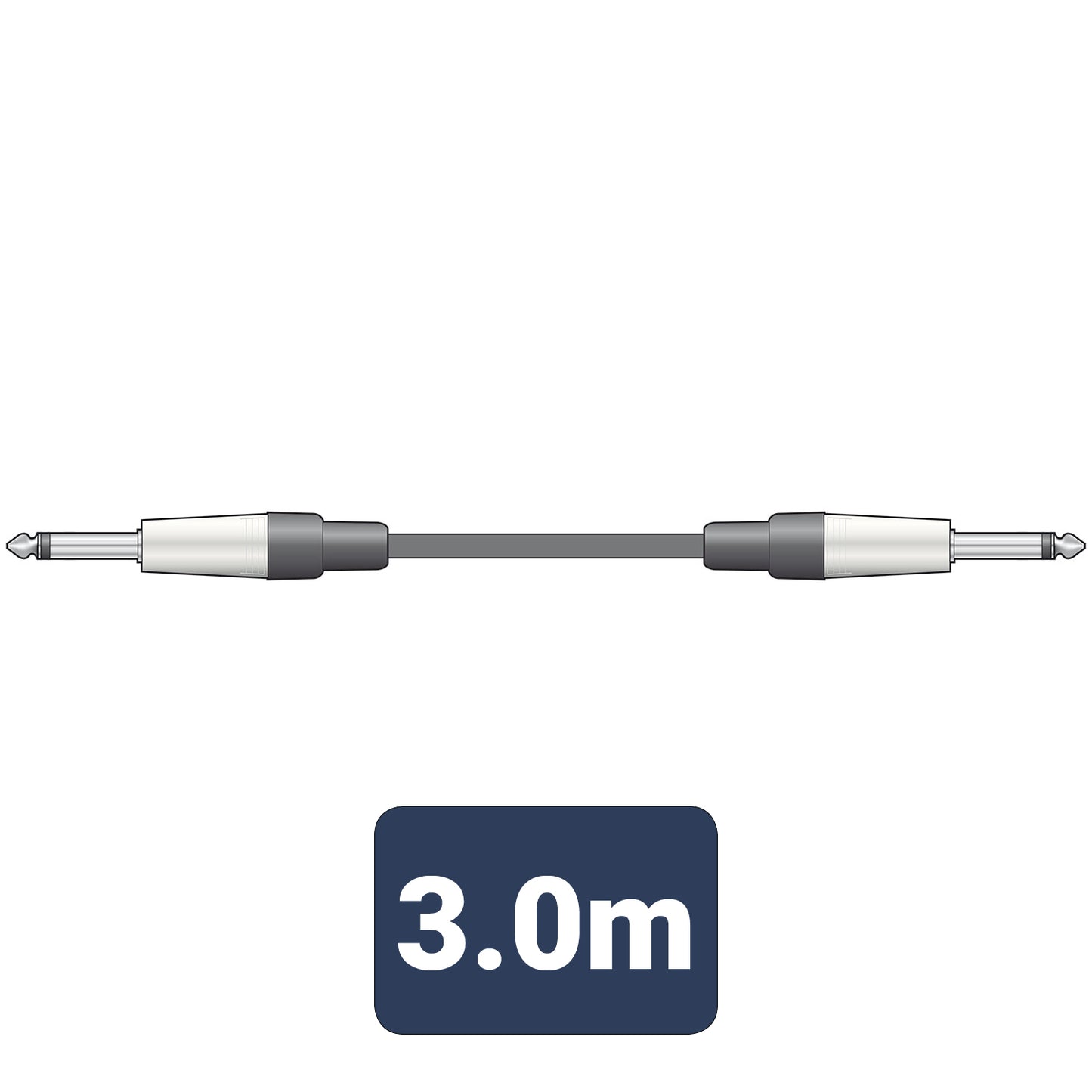 3.0m audio cable with silver and black connectors on a white background
