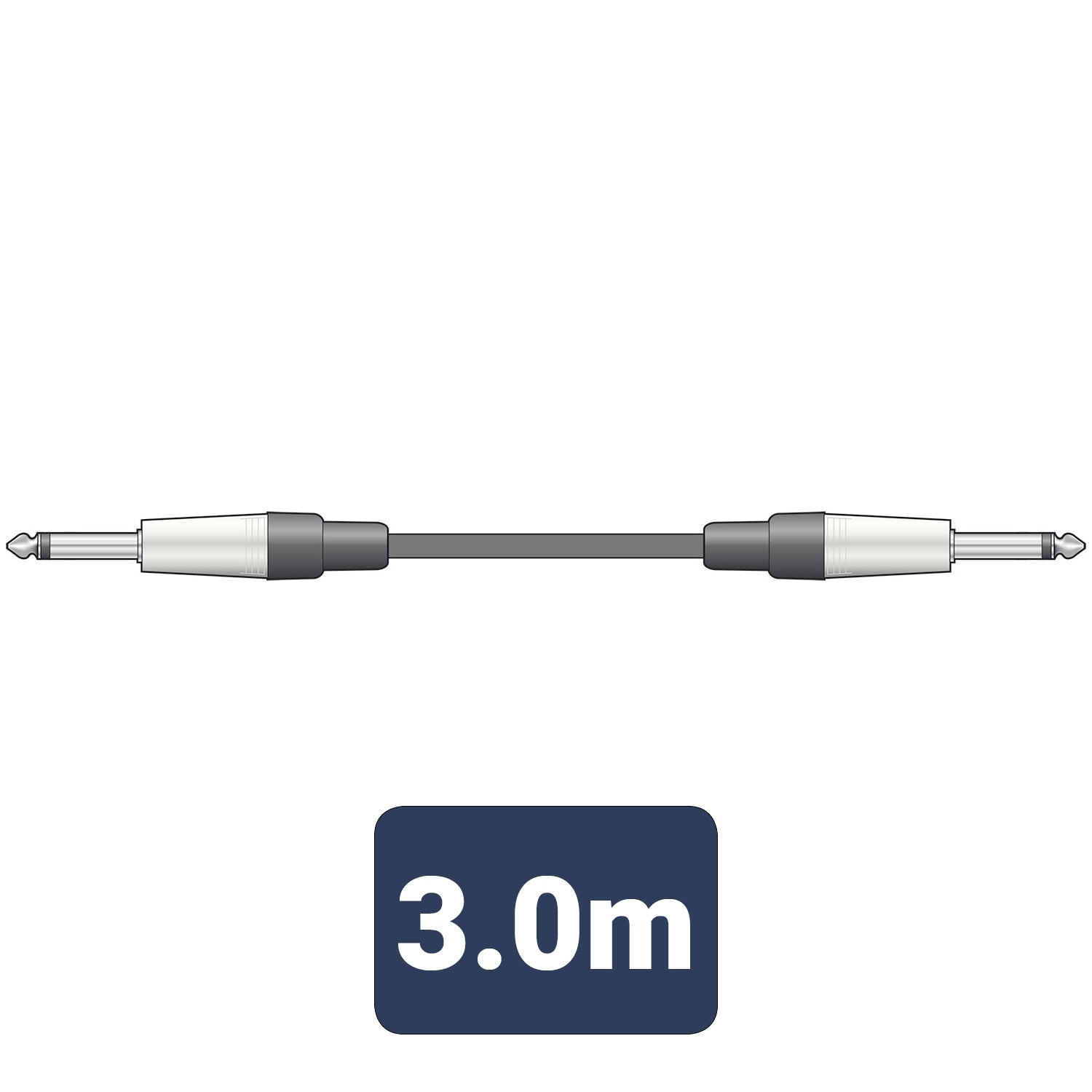 3.0m audio cable with silver and black connectors on a white background