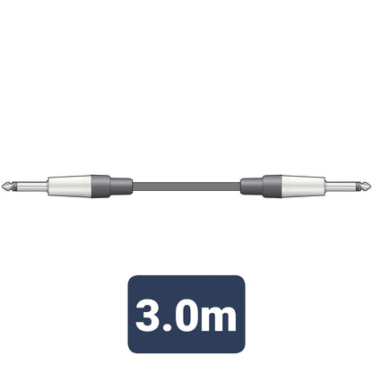 3.0m audio cable with silver and black connectors on a white background