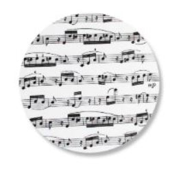 Circular coaster with musical notation on a white background