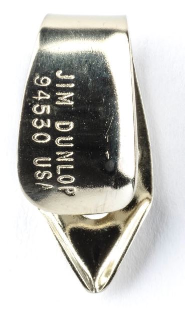 Silver thumb pick with 'Jim Dunlop' engraving on a white background