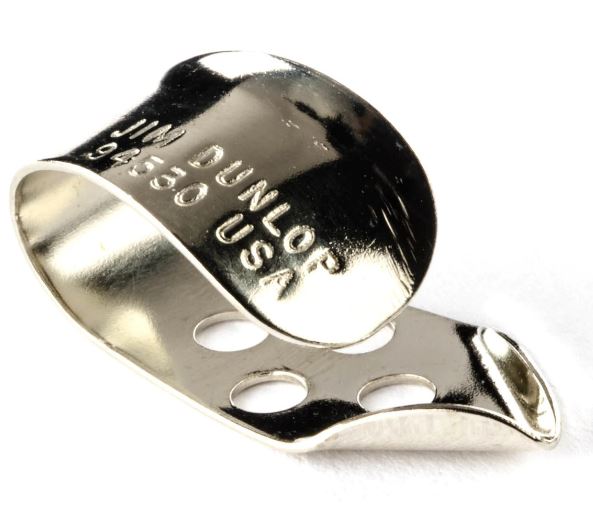 Metallic thumb plectrum with 'Dunlop USA' branding on a white background