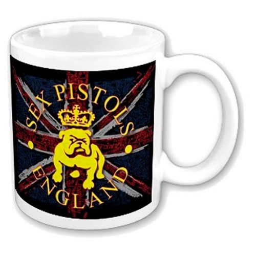 White mug with Sex Pistols logo featuring a yellow bulldog and crossed swords on a black background.