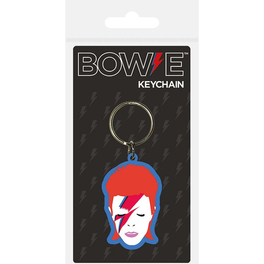 Keychain packaging with a Bowie design on a black background