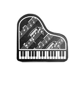 Black and white illustration of a grand piano with musical notes on a white background