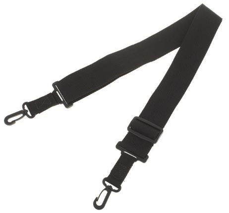 Black strap with clasps on each end on a white background