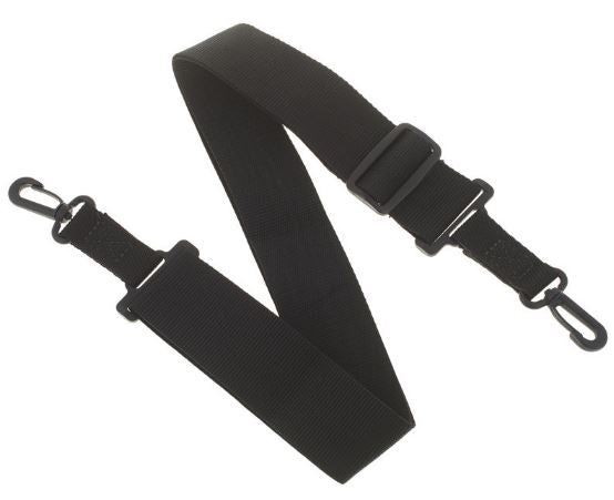 Black adjustable strap with a clips on a white background