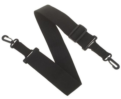Black adjustable strap with a clips on a white background