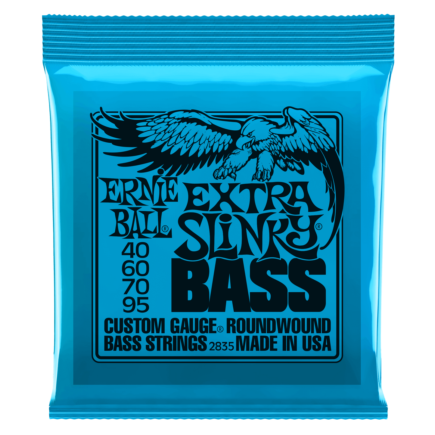 Ernie Ball Extra Slinky Bass strings packaging with an eagle illustration on a blue background