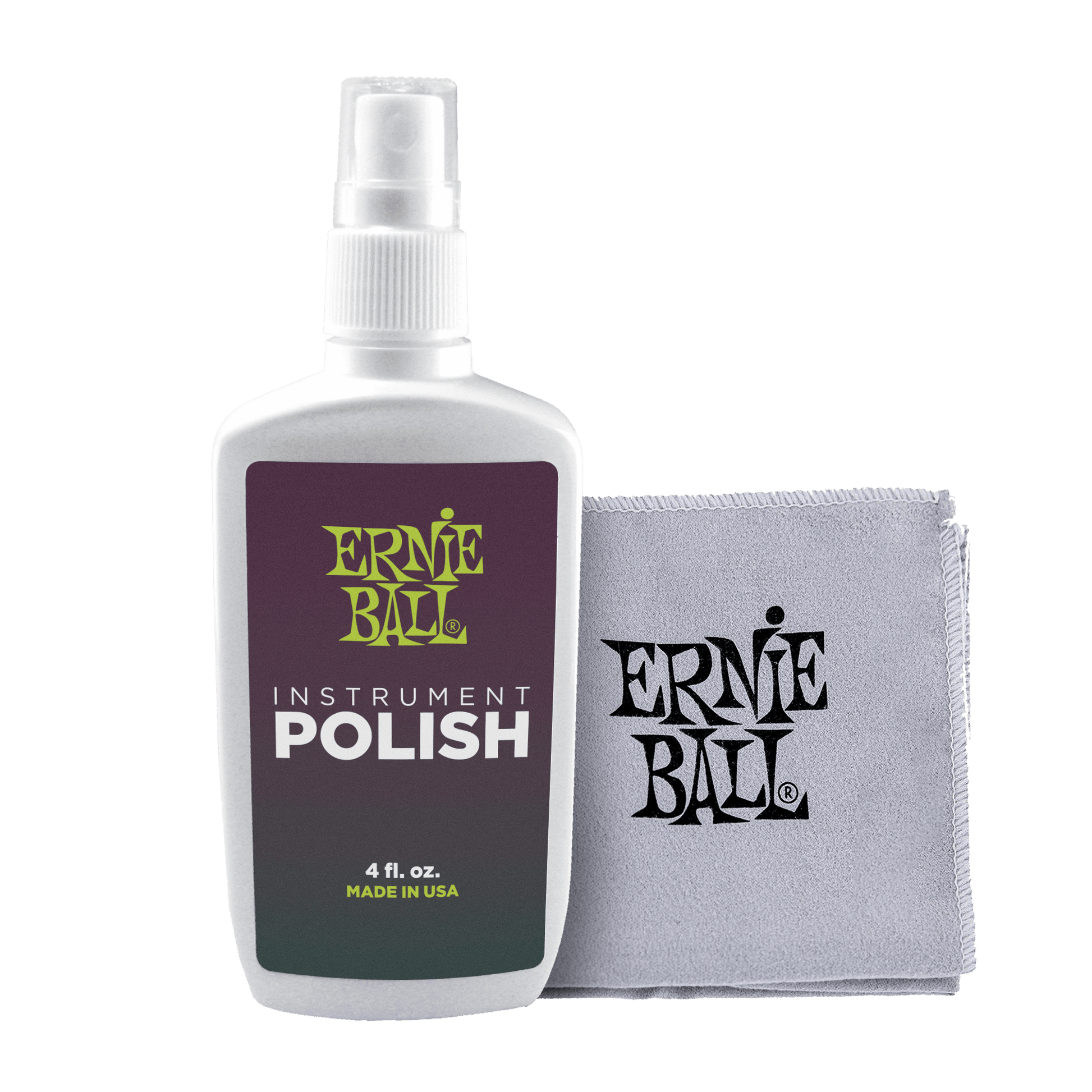 Ernie Ball instrument polish bottle and cloth on a black background