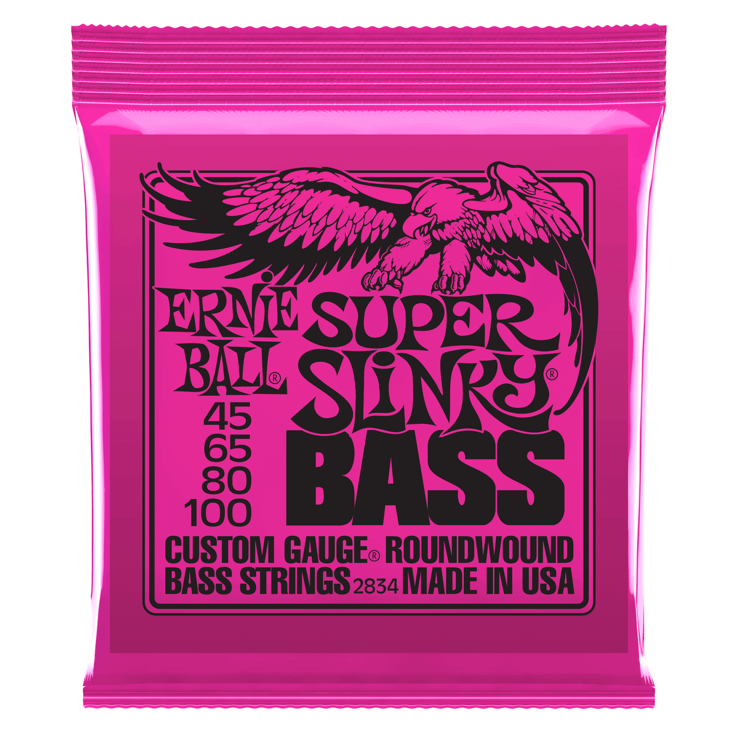 Pink packaging of Ernie Ball Super Slinky Bass strings with an eagle illustration.