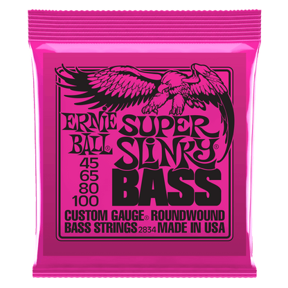 Pink packaging of Ernie Ball Super Slinky Bass strings with an eagle illustration.