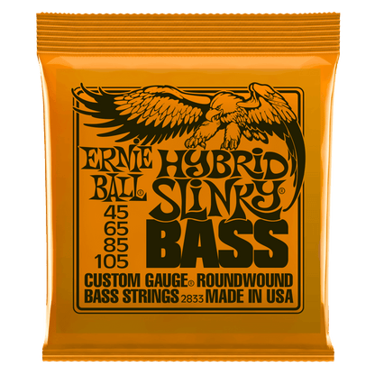 Ernie Ball Hybrid Slinky Bass strings packaging with an eagle illustration on a black background