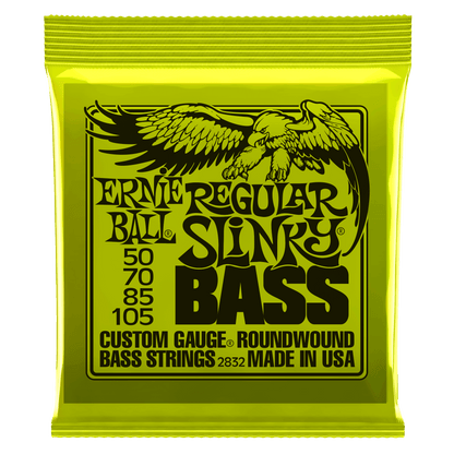 Ernie Ball Regular Slinky Bass guitar string set packaging on a black background