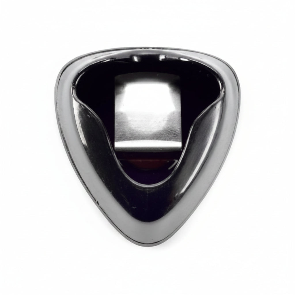 A pick container with a metal "tongue" to press plectrums towards exit point.
