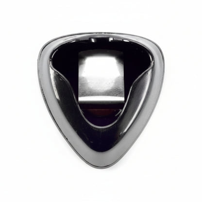 A pick container with a metal "tongue" to press plectrums towards exit point.