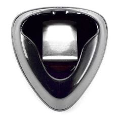 A pick container with a metal "tongue" to press plectrums towards exit point.